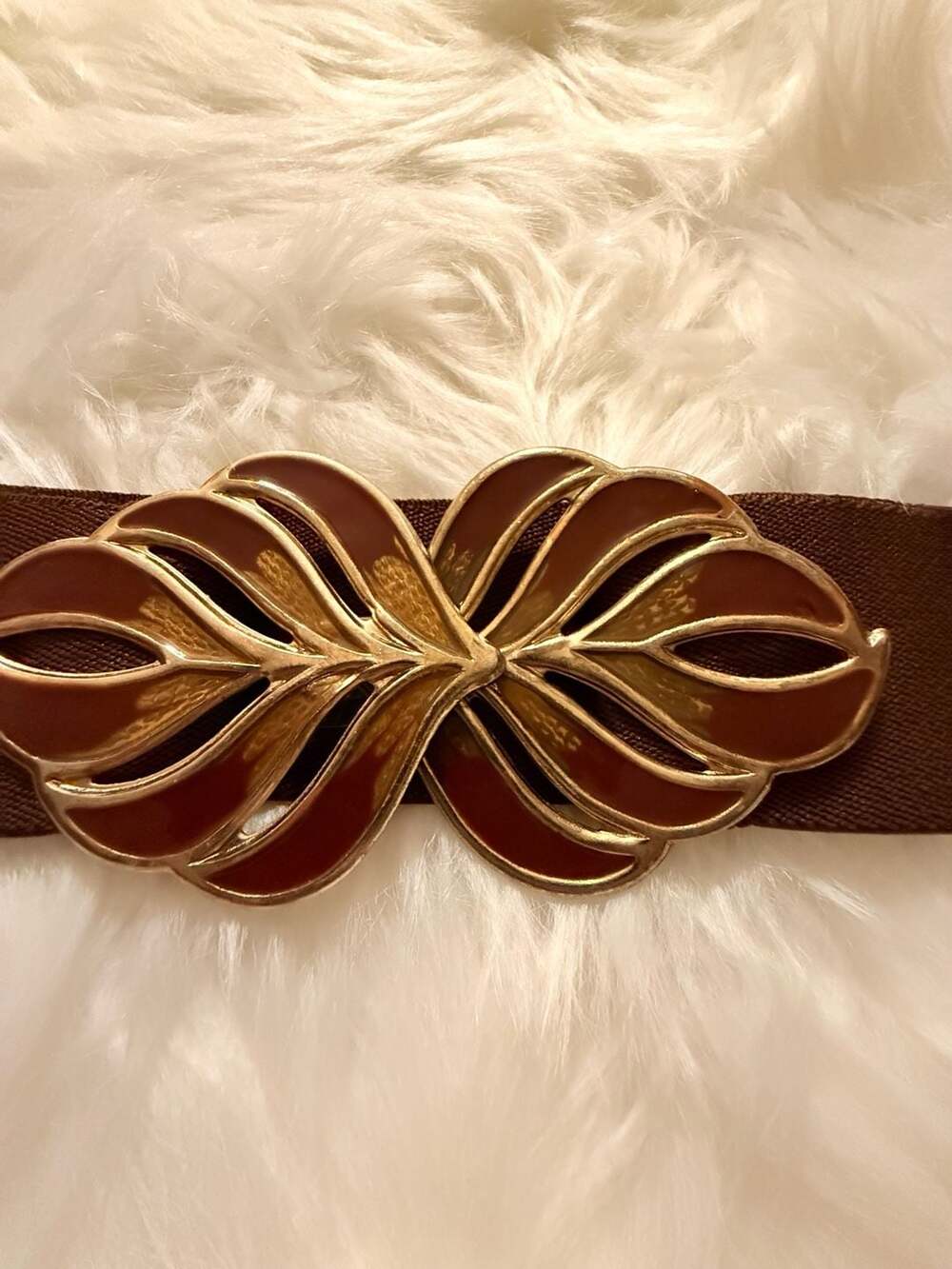 Vintage Brown Elastic Stretch Waist Belt with Gold and Enamel Leaf Buckle